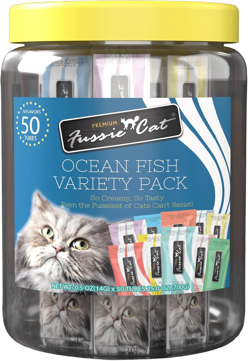 Fussie Cat, 0.5 Ounces Each, 50 Tubes, Ocean Fish Variety 10 Flavors