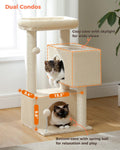 UYMI 32" Cat Tree Tower for Indoor Cats - 2 Cozy Condos, Multi-Level Cat Scratching Posts with Sisal, Soft Padded Perch, 2 Dangling Toys, Beige