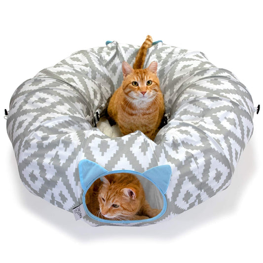 Kitty City Large Cat Tunnel Bed, 2-in-1 Zip-Together Cat Play Tunnel & Plush Nap Bed, Pop-Up Indoor Cat Toy with Hanging Toys, Collapsible Design - White