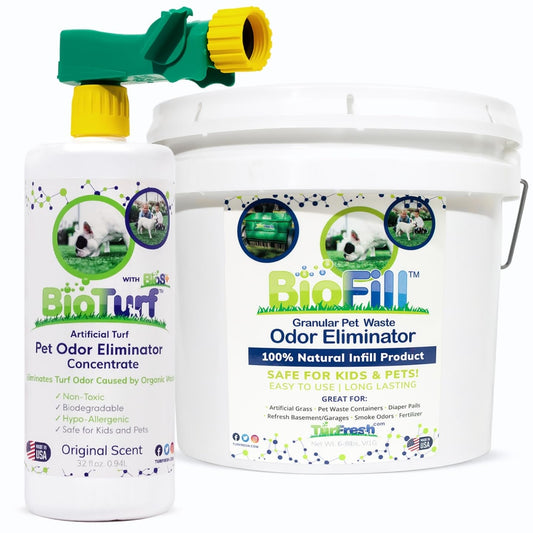 BioTurf Mini Power Pack Turf Cleaner for Pet Urine Outdoor - Artificial Turf Cleaner Concentrate - Yard Deodorizer for Dog Urine & Feces - Enzyme Kennel Odor Eliminator 32 oz Spray & 8 lb Infill
