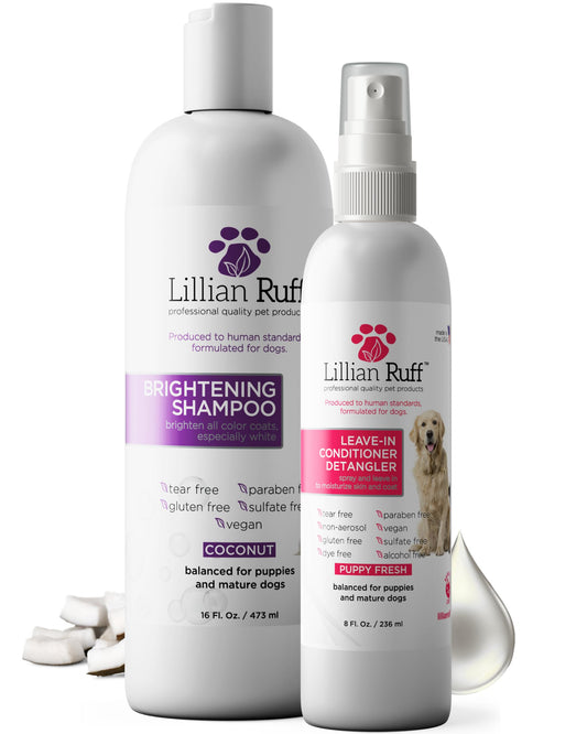 Lillian Ruff PRO Formula Ultra Brightening Dog Shampoo & Leave-in Conditioner Detangler Set - Professional Whitening, Stain Removal, Dematting, Detangling & Odor Control with Aloe & Provitamin B5