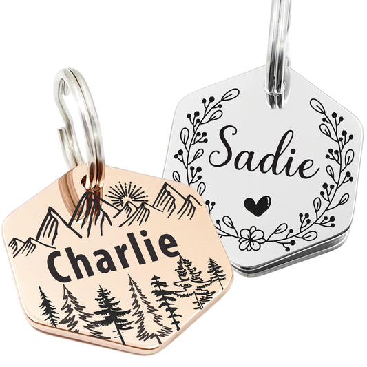 Personalized Pet ID Tags, Customizable Hexagon, Bone and Round Shapes, Multiple Designs with Mountain, Floral, and Night Sky Patterns, Stainless Steel Dog and Cat Tags (Hexagon)