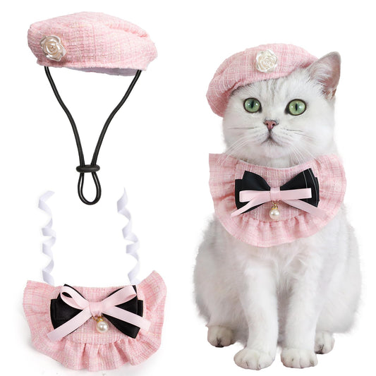 HOWWFALY 2PCS Cat Beret Hat with Small Camellia, Adjustable Satin Bowtie Bandana Scarf Set Pet Princess Costume for Halloween Christmas, Cat Dog Birthday Party Apparel (Pink Bow)