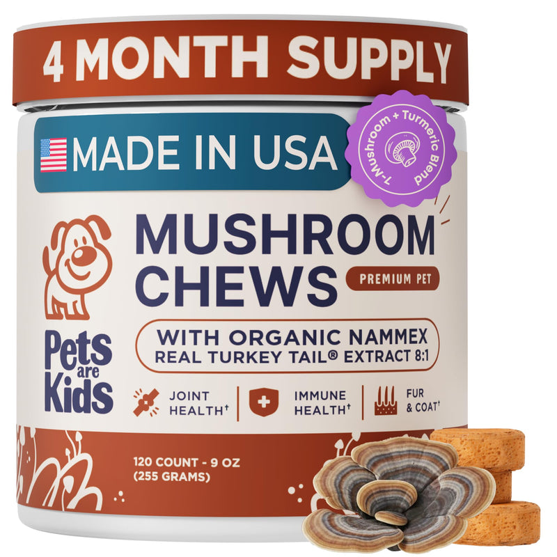 Pets are Kids Turkey Tail Mushroom for Dogs with Organic Real Turkey Tail™ - 8:1 Extract Mushroom Chews for Lumps & Bumps, Immunity, Gut, Skin, Joint & Spine Support - Reishi, Lion’s Mane - 120 Chews
