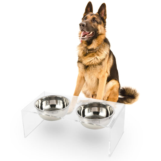 THE LICKER Store DBL2001A Keaton 7.5" Medium/Large Modern Lucite Rectangular Elevated Pet Feeder with 54oz 2-Stainless Steel Bowls, Clear/Chrome