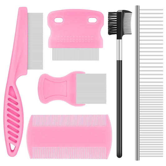 6-Pack Flea Comb for Dogs and Cats, Fine & Wide Tooth Stainless Steel Lice Comb, Tick Removal Tool, Tear Stain Remover, Dematting Brush - Professional Pet Grooming Kit for All Types of Pets
