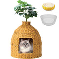 Sugitek Cat Hidden Litter Box Enclosure Furniture with Cats Bed,Artificial Plants,Handwoven Rattan with Cat Litter Box and Real Stones,in Living Room, Bedroom, Corner（Natural）