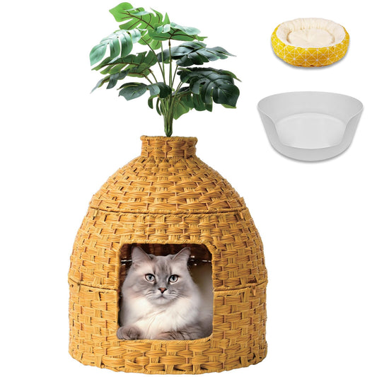 Sugitek Cat Hidden Litter Box Enclosure Furniture with Cats Bed,Artificial Plants,Handwoven Rattan with Cat Litter Box and Real Stones,in Living Room, Bedroom, Corner（Natural）