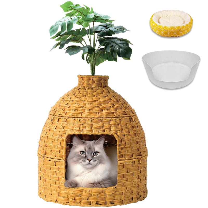 Sugitek Cat Hidden Litter Box Enclosure Furniture with Cats Bed,Artificial Plants,Handwoven Rattan with Cat Litter Box and Real Stones,in Living Room, Bedroom, Corner（Natural）