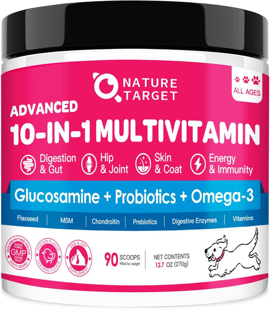 NATURE TARGET Dog Vitamins Powder, Probiotics & Digestive Enzymes for Gut Health, Glucosamine & Chondroitin & Omega 3, Complete Supplement for Homemade Dog Food, Joint & Skin & Immune Support