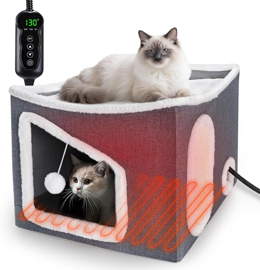 Tovve Heated Cat House for Indoor, Large Cat Bed with Heating Pad, Adjustable Temperature & Timing, with Fluffy Ball Han