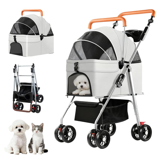 YYW Pet Stroller for Small Dogs & Cats, 3 in 1 Foldable Kittens Puppies Travel Strolling Cart with Removable Carrier, Cup Holder, Storage Basket & Lockable Wheels(Gray)