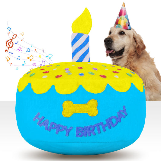 FurtasticFinds Dog Birthday Cake Toy 5.9", Larger Plush Dog Gift with Electronic Music Box, Plays Happy Birthday Song & Puppy Bark Melody, Party Decoration for All Breeds Dogs, Blue