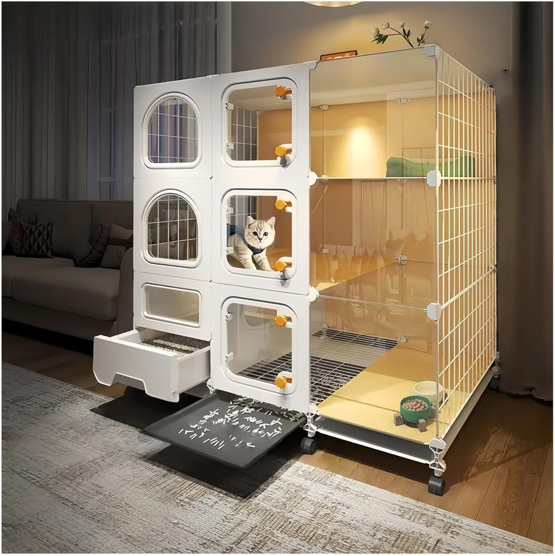 Indoor cat cage with Litter Box, Complimentary Cat Bed, Bow,lcat House with Wheels Outdoor,Large cat Villa Playpen, Smal