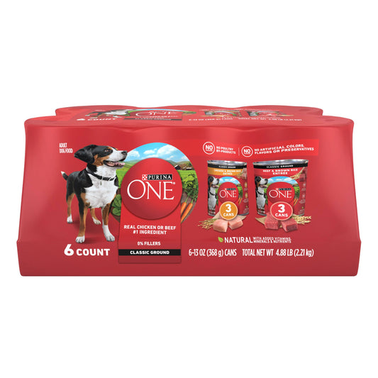 Purina ONE Classic Ground Chicken and Brown Rice, and Beef and Brown Rice Entrees Wet Dog Food Variety Pack - (Pack of 6) 13 oz. Cans