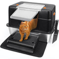 Vivifying Stainless Steel Litter Box, XL Side Entry Extra Large Litter Box with Lid for Big Cats & Kitty, Removable Enclosed Metal Cat Pan with High Sided Enclosure, Scoop (Black)