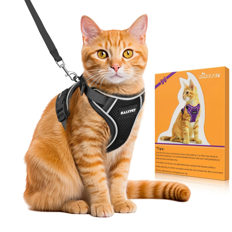 Halypet Cat Harness and Leash Set - MAX Safety 4th-Gen Upgrade, Escape Proof, Adjustable, Comfortable Soft Vest, Easy to Wear Kitten Harness with Reflective Strip for Cats Walking - Small Black
