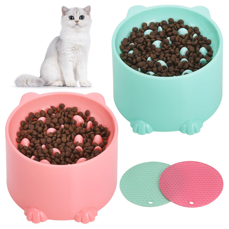 TranRantic 2 Pcs Raised Slow Feeder Cat Bowl, Plastic Elevated Cat Slow Feeder Bowl with Anti-Skid Mat, Raised Slow Cat Feeder for Dry and Wet Food (Green＆Pink)