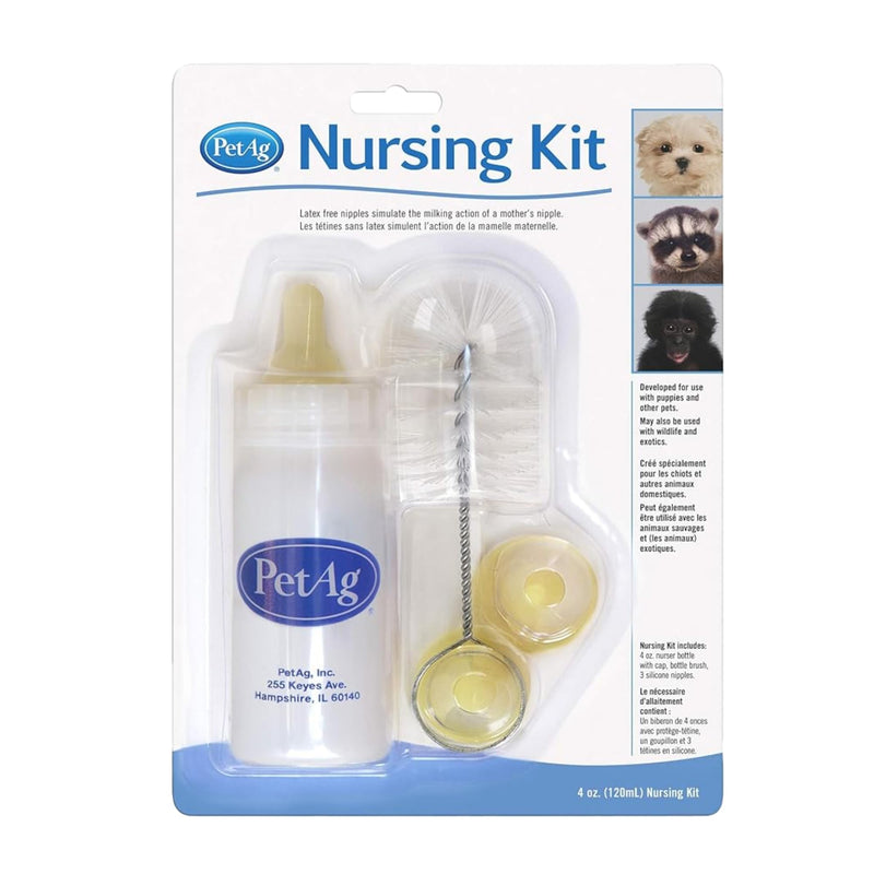 Pet-Ag Nursing Kit - 4 oz - Promotes The Natural Feeding of Liquids to Baby Animals - Each Kit Includes 4 oz. Bottle with Cap, 3 Nipples & Cleaning Brush