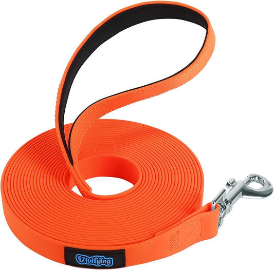 Vivifying Waterproof Long Dog Leash, 20ft Dog Training Leash for Outside, Durable PVC Long Line Lead with Padded Handle for Recall Training, Hiking, Swimming, Beach and Lake (Orange)