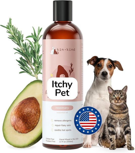kin+kind Itchy Pet Natural Dog and Cat Shampoo - Gentle Clean for Itchy Skin - Avocado Oil - Rosemary Fragrance - Made in USA - 12 fl oz
