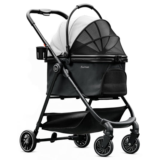 Pawccoli Pet Stroller for Small Dogs and Cats, One-Click Foldable Dog Stroller with Detachable Carrier & 3 Safety Tethers, Holds up to 33 lbs, Storage Basket & Cup Holder, Breathable Mesh, Black