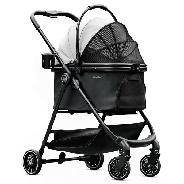Pawccoli Pet Stroller for Small Dogs and Cats, One-Click Foldable Dog Stroller with Detachable Carrier & 3 Safety Tethers, Holds up to 33 lbs, Storage Basket & Cup Holder, Breathable Mesh, Black