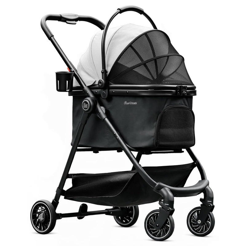 Pawccoli Pet Stroller for Small Dogs and Cats, One-Click Foldable Dog Stroller with Detachable Carrier & 3 Safety Tethers, Holds up to 33 lbs, Storage Basket & Cup Holder, Breathable Mesh, Black