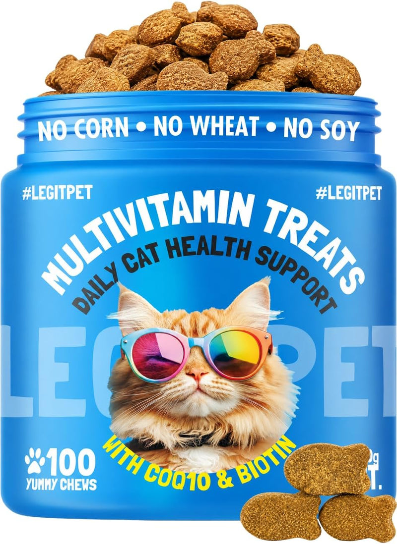 Multivitamin Cat Treats Vitamins for Indoor Cats Skin & Coat Digestion Immunity Mobility Heart & Brain Support Supplements for Overall Cat Health with Vitamins A B C D E and Biotin 100 Yummy Chews