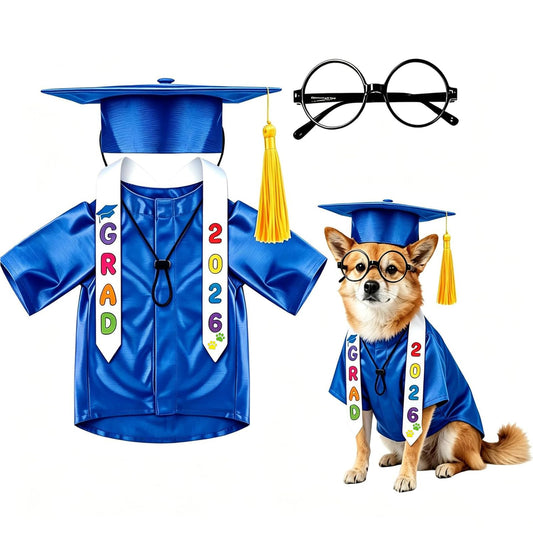 4 Pcs Dog Cat Graduation Costume Set - 2026 Pet Graduation Cap and Gown with Stole Lensless Glasses Costume Outfit for Dog Cat Doll Clothes Holiday Grad Party Outfit Accessory