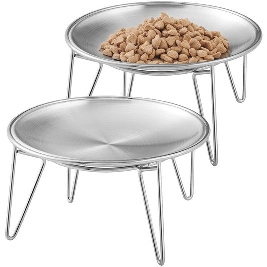 Wellbro Cat Food Bowls, 2 Pcs Stainless Steel Cats Food and Water Whisker Fatigue Shallow Dishes, Small Dog Puppies Fat Faced Cat Kitten Supplies (2 Plates with Stand)