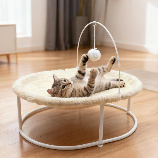 Elevated Cat Bed - 66LBS Weight Capacity Cat Hammock Bed for Large Indoor Cats & Small Dogs, All-Season Plush & Breathable Mesh Mat, Raised Pet Supplies with Sturdy Metal Frame, Cream White