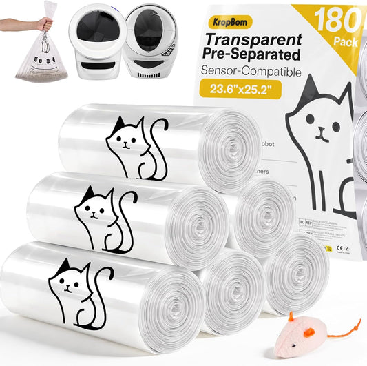 KropBom 180 Pack Cat Litter Box Robot 5/4/3 Waste Bags,Transparent, Self Cleaning Litter Box Liners Bags for Most Automatic Cat Litter Boxes，Pre-Separated, Heavy Duty, 9-11 Gallon Capacity