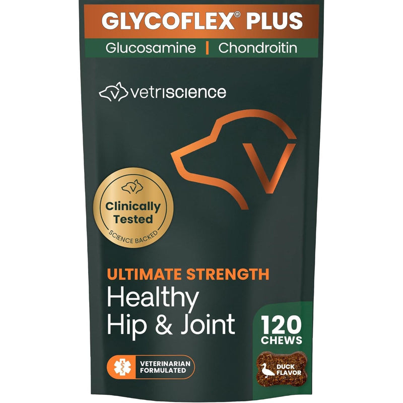 VetriScience Ultimate Strength Healthy Hip & Joint Chews, GlycoFlex Glucosamine, Chondroitin and Green-Lipped Mussel Joint Support Supplement for Dogs, Soothe Joint Discomfort, Duck, 120 Count