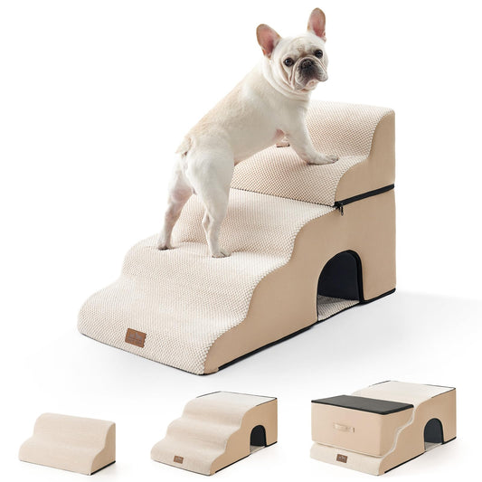COZY KISS Extra Wide Dog Stairs with Tunnel, Foam Detachable Large Dog Step for Small Pet, Puppy or Cats, Medium Pet Ramp for High Bed, Couch, Sofa or Car, 19.7x33x22.4 inch, 5 Step, Beige