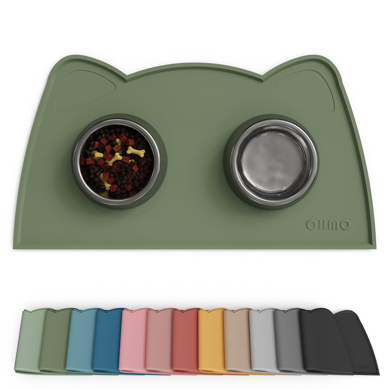 OHMO - Cat Food Mat, Silicone Pet Feeding Mat for Floor Non-Skid Waterproof Dog Water Bowl Tray, Easy to Clean Pet Placemat (Camo Green, 18 * 9.8'')