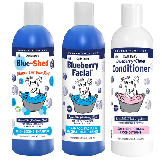 ShowSeason Combo Three-Pack (12 oz. Bottles): Blueberry Facial®, Blue-Shed® Shampoo, Blueberry-Clove Conditioner | Dogs and Cats | Brightener - Tear Stain Remover | Deshedding, Deodorizing