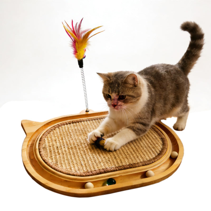 Sisal Cat Scratcher Toy with Ball Track Feather and Ball, Wooden Interactive Toy for Indoor Cats, Scratch Pad,Kitten Toys for Chasing Hunting Physical Exercise(12.9 * 17.4in