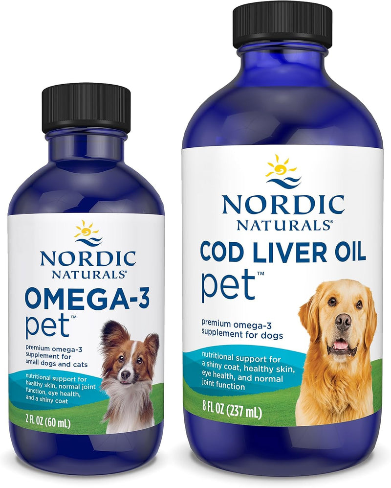 Nordic Naturals Omega-3 Pet Bundle - 2 oz Omega-3 Fish Oil for Small Dogs & Cats, 8 oz Pet Cod Liver Oil Promotes Heart,