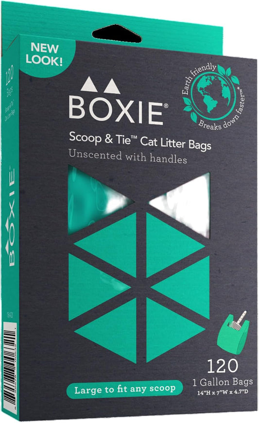 Boxie Sustainable Scoop & Tie Pet Waste Bags, 120 Count, Leak-Proof, Easy-to-Tie Handles, Eco-Friendly, Odor Control, EPI Technology, Durable for Cat Litter & Dog Waste