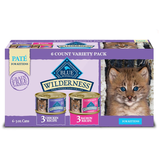 Blue Buffalo Wilderness Kitten Food, High-Protein & Grain-Free Wet Cat Food Paté Variety Pack, Chicken & Salmon Recipes, 3-oz Cans (6 Count, 3 of Each)