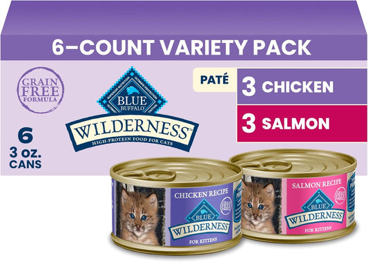 Blue Buffalo Wilderness Kitten Food, High-Protein & Grain-Free Wet Cat Food Paté Variety Pack, Chicken & Salmon Recipes, 3-oz Cans (6 Count, 3 of Each)