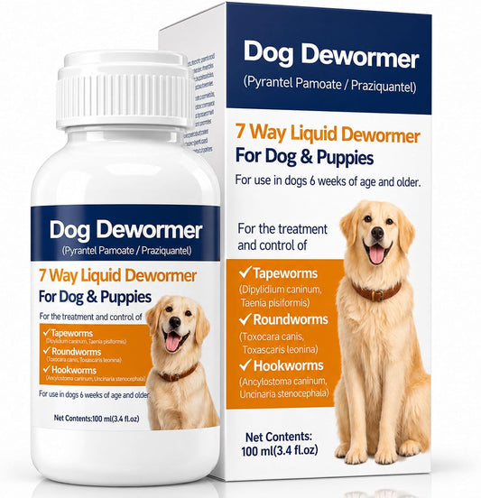 Dewormer for Dogs, 7-Way Dog Wormer Liquid with Pyrantel Pamoate & Praziquantel, Broad Spectrum Worm Support for Tapeworms, Roundworms & Hookworms, 100ml