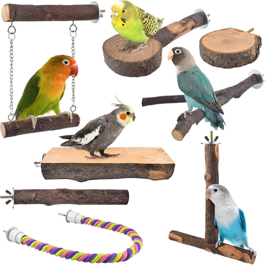 DBNESS Bird Perches, 8pcs Natural Wood Parrot Perch Climbing Stand Toys Bird Cage Accessories Hanging Multi-Branch Perch
