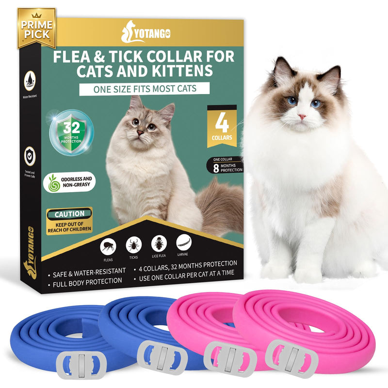 4 Pack Flea Collar for Cats, 32 Months Flea and Tick Prevention for Cat, Waterproof & Natural Cat Flea and Tick Treatment, Adjustable for Cats Kittens(Blue&Pink)