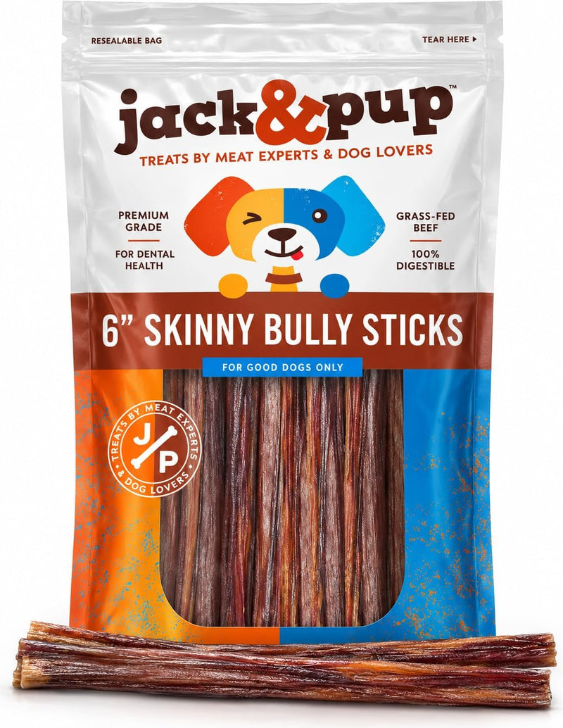 Jack&Pup 6 Inch Skinny Bully Sticks for Small Dogs (30 Pack) Thin, Odor Free Bully Sticks Sheaths | Single Ingredient Be