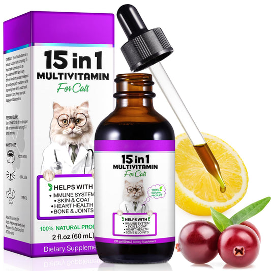 Cat Multivitamin,15 in 1 Cat Vitamins Liquid Drops Supplements for Heart Health, Bones, Joint, Skin & Coat, Bladder, Immune System Support 60ml