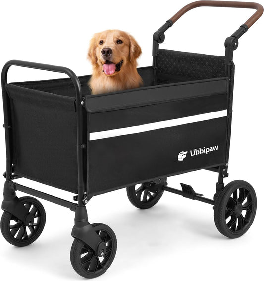 Libbipaw Dog Wagon for Medium & Large Dogs, Foldable All-Terrain Dog Stroller Wagon with Ramp, Adjustable Handle, One-Step Brake, Heavy Duty Pet Wagon (Black)