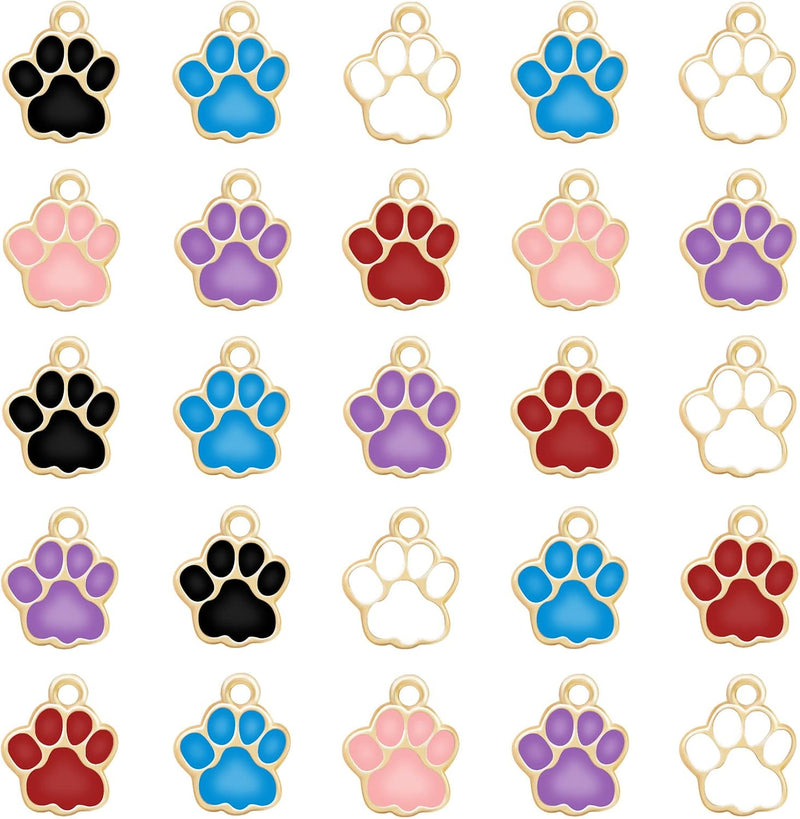 60Pcs 6Colors Dog Paw Footprint Charms Alloy Gold Enamel Animal Puppy Bear Cat Dog Paw Prints Charm Pendant Beads for DI