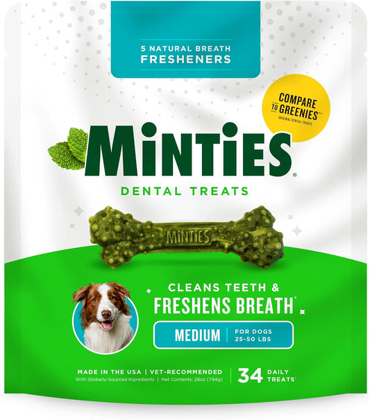 Minties Mint Dental Chews for Dogs, Medium Breeds 25-50 lbs, 20 Count